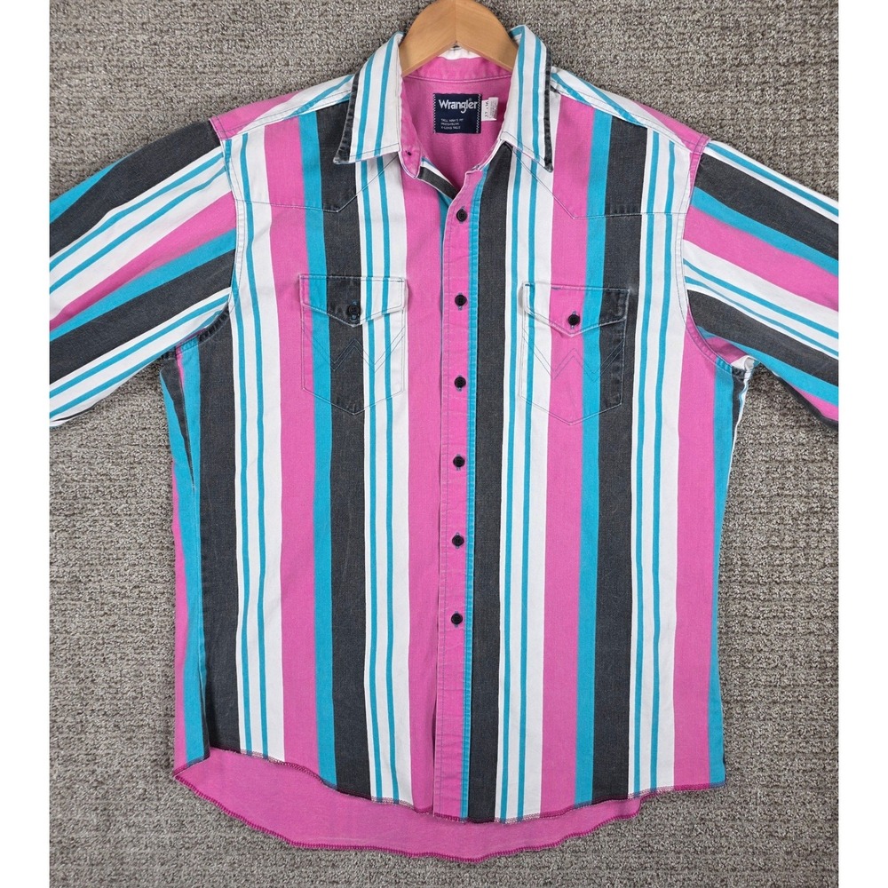 Vintage Wrangler Brushpopper Mens Western Shirt Pink Striped X-Long Tails 17x36 - Picture 4 of 10